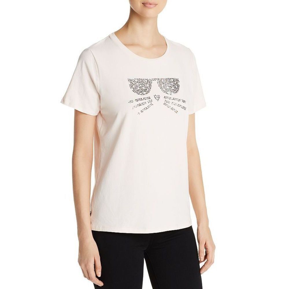 Karl Lagerfeld Women Cat Face Choupette Rhinestone Pearl Pink T Shirt Alabaster‎